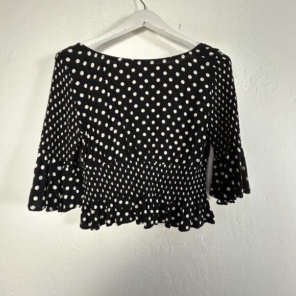Free People Womens Polka Dot Smocked Peplum Crop Top Medium Black Bell Sleeves - Picture 2 of 7